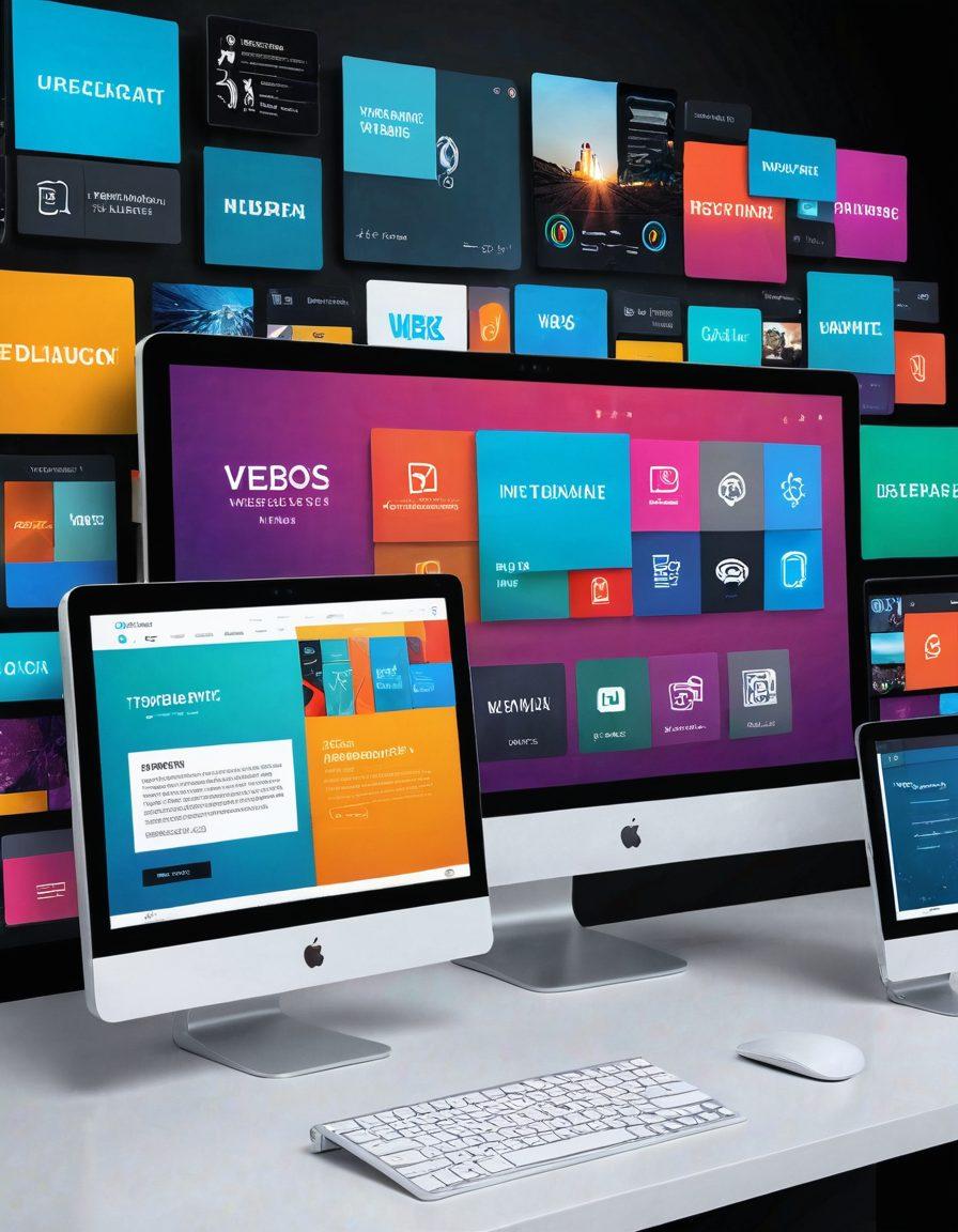 A sleek, modern computer monitor displaying a vibrant collage of eye-catching, innovative website designs filled with interactive elements, animations, and smart UI/UX features. Surround this with creative devices like tablets and smartphones, all showcasing different engaging website interfaces. Make the background minimalist to highlight the technological brilliance. super-realistic. vibrant colors.