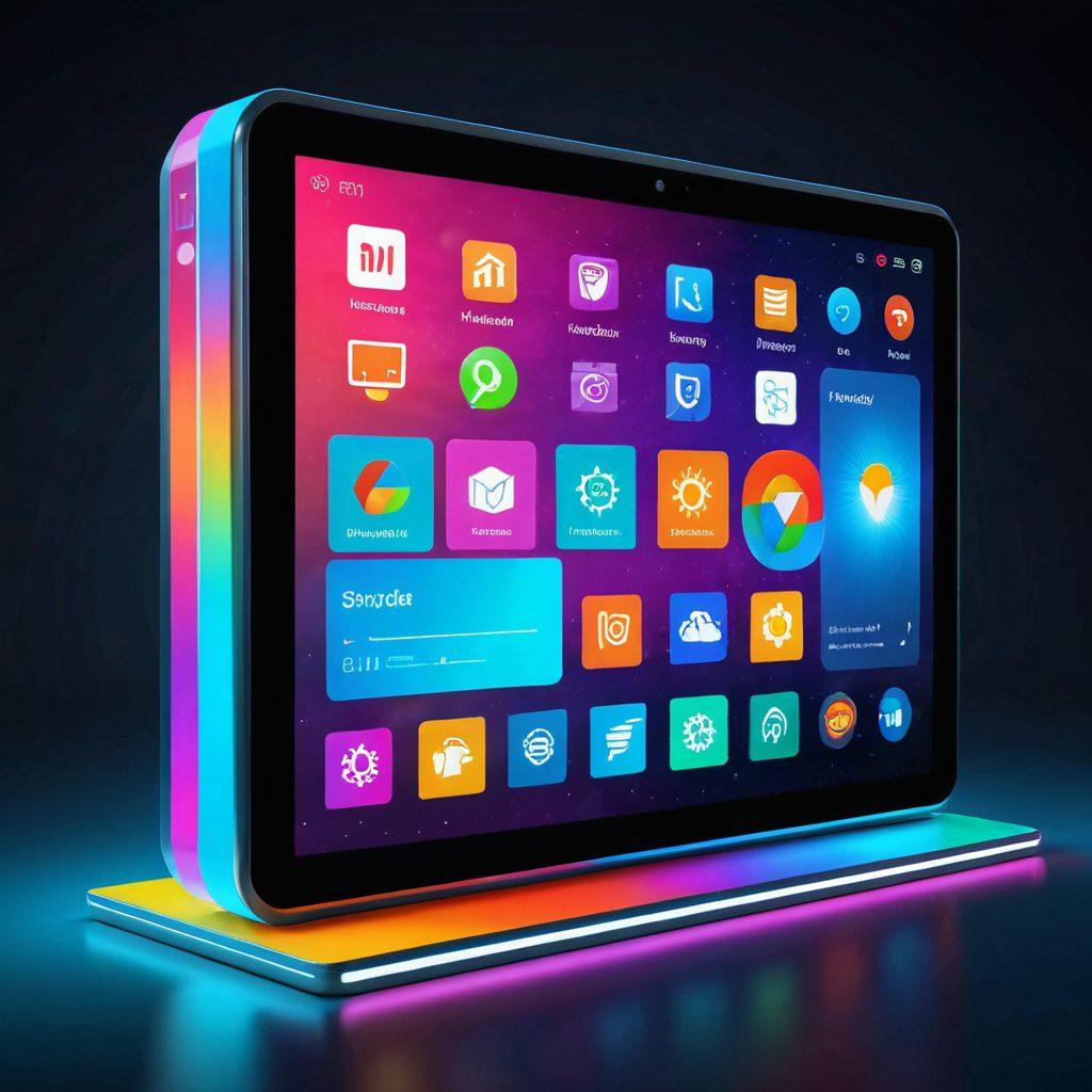 A dynamic scene featuring a futuristic browser window on a sleek digital device, showcasing innovative, interactive websites. Include vibrant icons and elements symbolizing technology, creativity, and exploration, with a glowing, high-tech aesthetic. Think cutting-edge interfaces, rich color palettes, and captivating design transitions. Infuse a sense of excitement and discovery. 3D-rendered. vibrant colors.